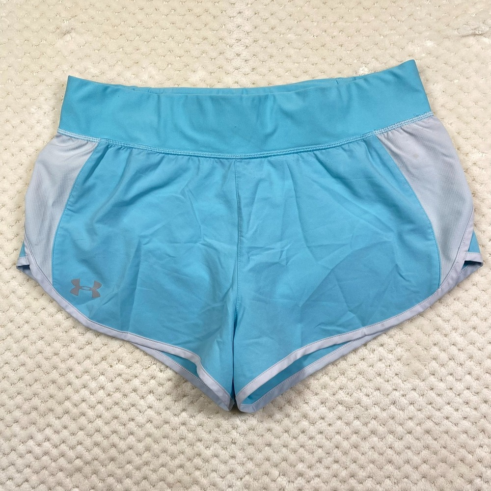 Under Armour Heat Gear Womens Fitted Running Shorts Large Blue Lined 1323872